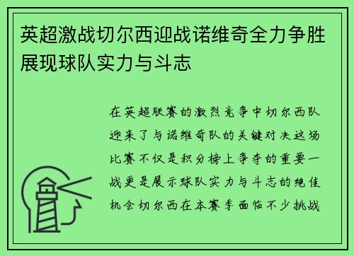 英超激战切尔西迎战诺维奇全力争胜展现球队实力与斗志